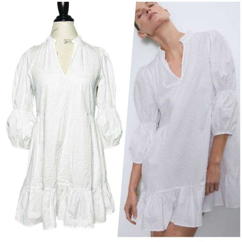 Zara | Women | White Swiss Dot Cottagecore Ruffle Mini Tunic Dress | Size Small